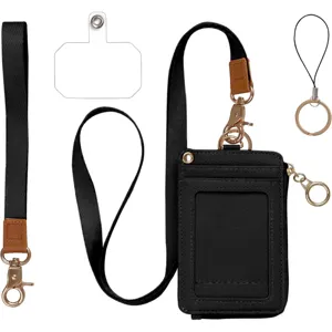 Portatarjetas ID Multifuncional de Cuero PU Cartera Con Cordón para Cuello Correa de Muñeca Parche de Teléfono Llavero Combinación Funda de Insignia de Oficina