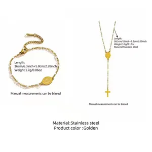 Stainless steel cross necklace and enamel bracelet set, elegant 18k gold plated jewelry.