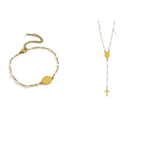 Stainless steel cross necklace and 18K gold plated enamel bracelet jewelry set for women