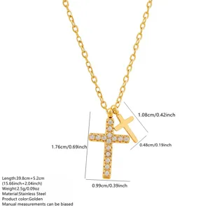 Gold stainless steel double cross pendant necklace with sparkling cubic zirconia stones.