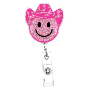 Rosa Glitzer Cowboyhut Smiley Ausweisjojo, süßer einziehbarer Kartenhalter für Pflegekräfte.
