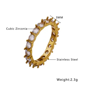 Gold-plated stainless steel full cubic zirconia eternity ring 3mm width fashion jewelry