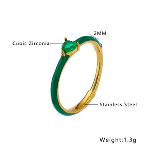 Green enamel heart cubic zirconia stainless steel ring detail 2mm band 1.3g weight