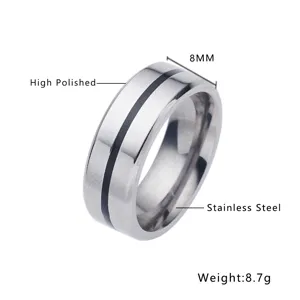 Stainless steel ring with a black groove detail, 8mm width, high polished finish, detail shot.
