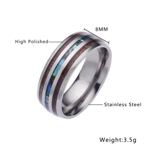 Stainless steel ring with wood and shell inlay 8mm width high polished comfort fit jewelry