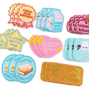 Glitter embroidered patches set featuring funny slogans, stars, hearts, and cartoon designs.
