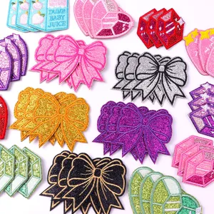 Glitter bow embroidery patches, colorful sequin heart and gem DIY clothing craft items.