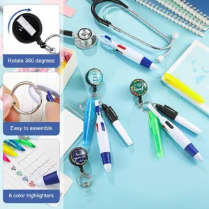Nurse badge reel set with multi-color pens and mini highlighters for medical staff daily work use.