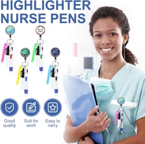 Nurse pen set with retractable badge reel highlighter and multi-color ballpoint pens
