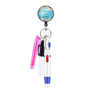 Retractable nurse badge reel with cute floral design and mini pen set for daily work.