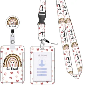 Uittrekbare badgehouder en lanyard sleutelhanger set met luipaard regenboog print.