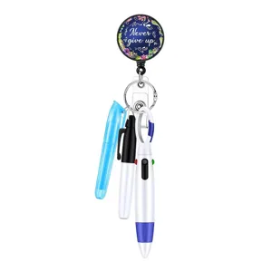 Retractable nurse badge reel with pen set floral Never give up ID holder medical gift