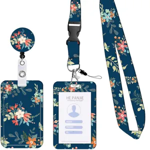 Blumen Muster Ausweishalter mit Langlebigem Lanyard und Einziehbarem Jojo Kartenhalter.