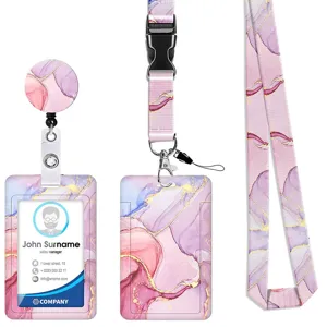 Rosa Marmorprint Ausweishalter Lanyard Set mit Einziehbare Rolle und Clip für den Büroalltag.