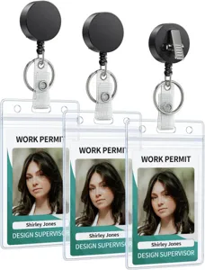 Close-up details of retractable badge reels with clear vertical waterproof ID card holders.