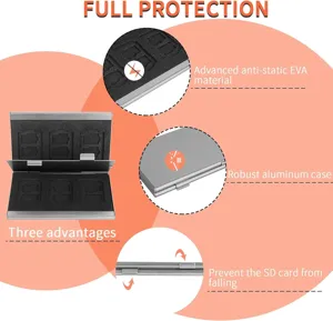 Detail view of the aluminum memory card case featuring robust casing and anti-static EVA foam slots.
