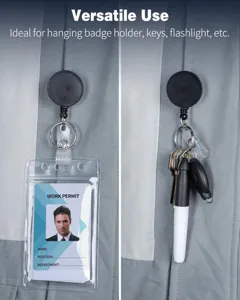 Detail view of retractable badge reel showcasing versatile hanging for ID card and keys.