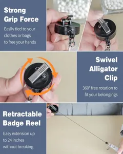 Retractable badge reel detail showing swivel alligator clip and strong grip force for ID cards.