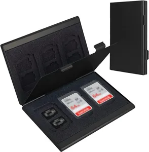 Aluminum memory card case holding multiple SD and TF cards securely with foam slots.