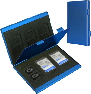 Detail view of blue aluminum memory card storage case with custom foam slots for SD TF cards.