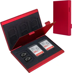 Aluminum memory card case holder storage box for SD and TF cards red metallic finish.