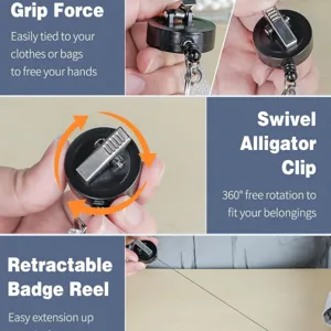 Retractable badge reel with swivel alligator clip and smooth extension for ID cards.