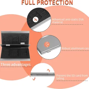 Aluminum SD card case with anti-static EVA foam lining, secure storage box for memory cards.