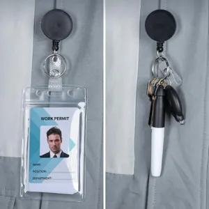 Retractable badge reel with transparent vertical waterproof card holder for work ID card.