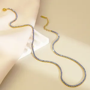 Elegant stainless steel 18K gold plated blue rhinestone tennis necklace chic collarbone jewelry.