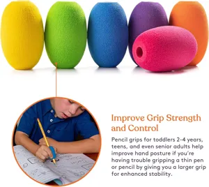 Kleurrijke schuimstof penhouders voor kinderen, ergonomisch ontwerp voor een betere schrijfpostuur.