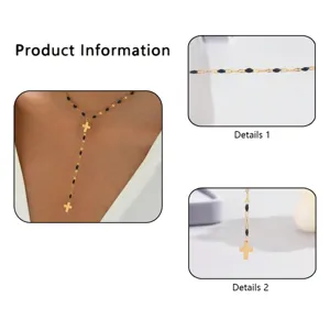 Acciaio al Titanio Placcato Oro 18K Collana Croce Perline Nere Gioielli Moda