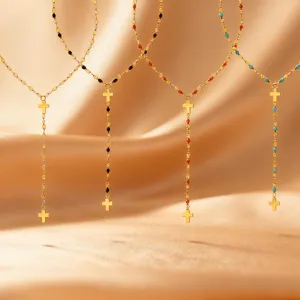 collana con croce in acciaio al titanio placcato oro 18k con perline colorate donna