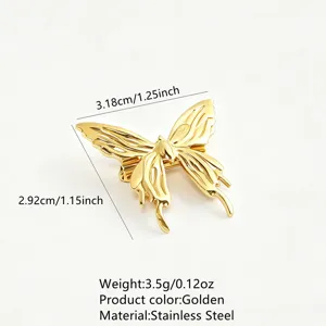 Gold stainless steel butterfly brooch detail view with dimensions and weight specifications.