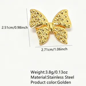 Gold stainless steel textured butterfly brooch fashion jewelry accessory with detailed size.