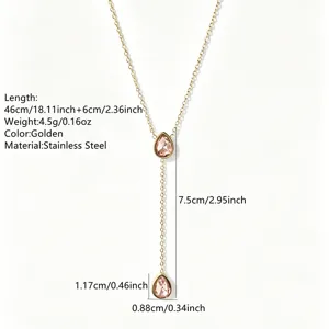 Stainless steel gold teardrop lariat necklace with pink crystal pendants. Elegant chic design.
