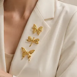 Gold stainless steel butterfly and dragonfly brooch set elegant fashion clothing accessory