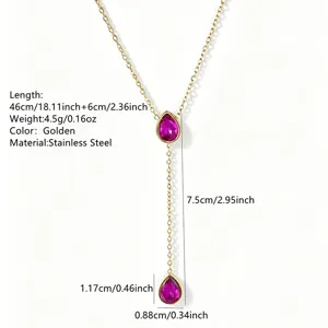Stainless steel Y-shaped necklace with magenta teardrop pendant, gold plated clavicle chain.