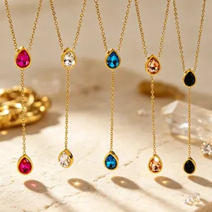 18K Gold Plated 304 Stainless Steel Waterdrop Pendant Necklace For Women Y-Shaped Geometric Rhinestone Clavicle Chain Jewelry