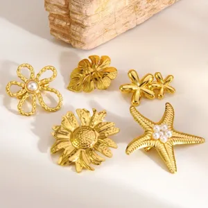 Elegant Stainless Steel Artificial Pearl Floral Starfish Brooch Luxury Geometric Butterfly Dragonfly Plant Metal Brooch For Women Jewelry
