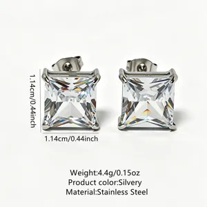 Square cubic zirconia stud earrings detail shot, stainless steel, sparkling gemstone.