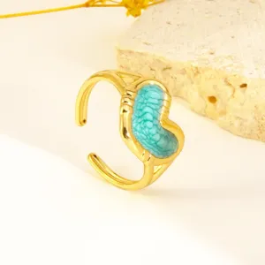 Franse minimalistische 18K vergulde roestvrijstalen hart open ring met blauwe oliedruppel