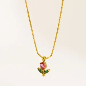 18K gold plated flower pendant necklace, delicate chain with pink and green stone details.