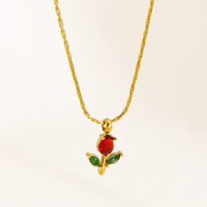 Gold-plated stainless steel necklace featuring a chic red and green flower pendant for women.