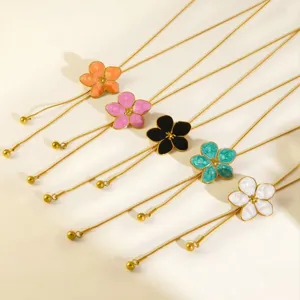 304 Stainless Steel Flower Pendant Necklace For Women 18K Gold Plated Enamel Oil Drop Lariat Y-Shaped Chain Necklace Party Jewelry