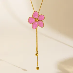 Stainless steel 18K gold plated pink enamel five-petal flower lariat pendant necklace for women.