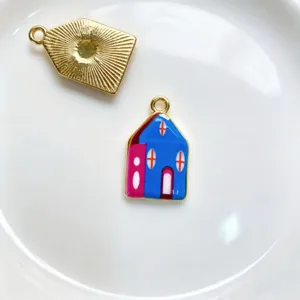 Gold plated copper enamel house charm pendant DIY handmade necklace jewelry accessory