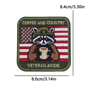 Tactical military coffee raccoon embroidered patch with US flag design for tactical backpack.
