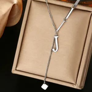 Stainless steel letter J pendant necklace, chic minimalist jewelry accessory for daily wear.