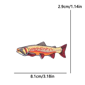 Close-up view of the trout embroidery patch with exact dimension measurements for DIY crafts.