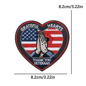 US Veterans embroidered patch heart shaped tactical morale badge with American flag design.